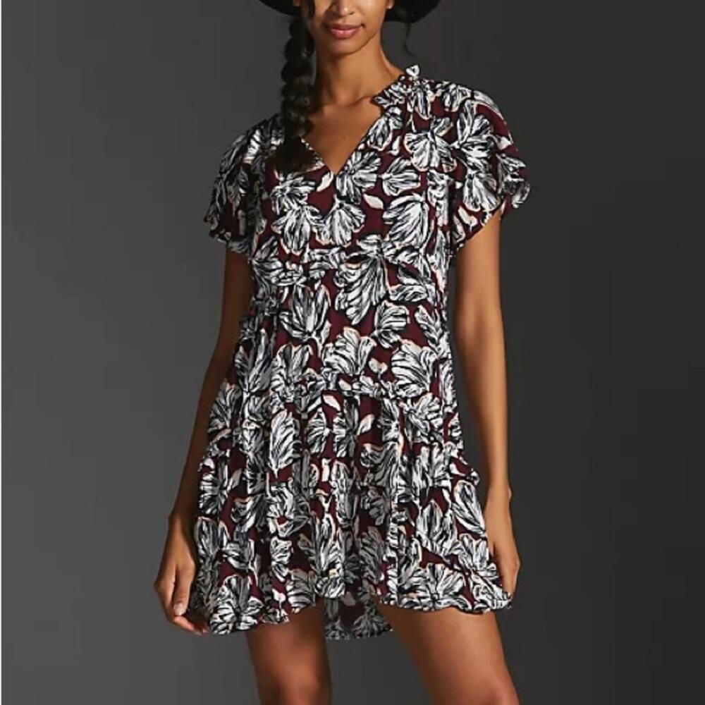 Anthropologie Women’s Robin Floral Wine Burgundy Print Ruffle Tiered Mini Dress